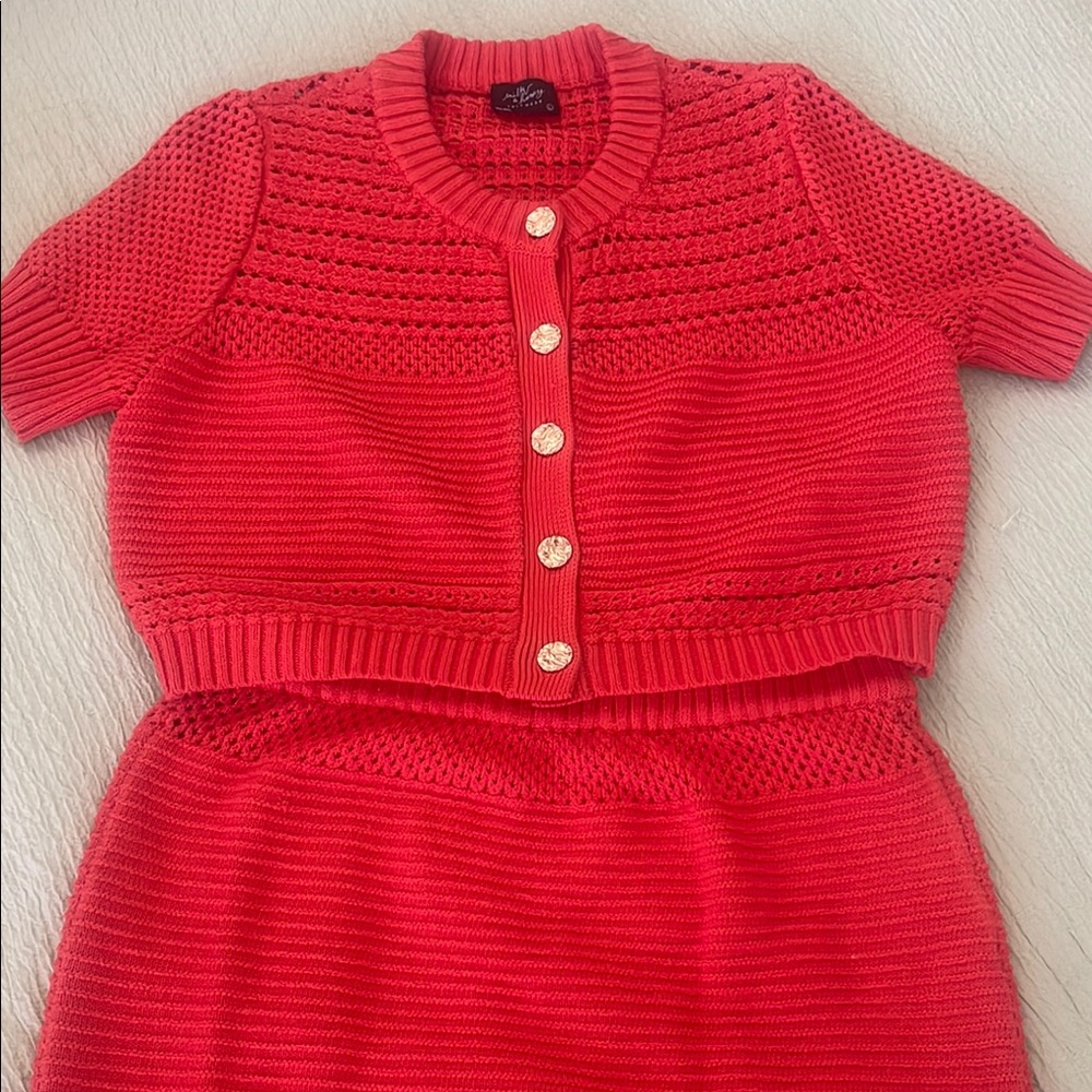 Red Knit Short Sleeve Cardigan and Skirt Set